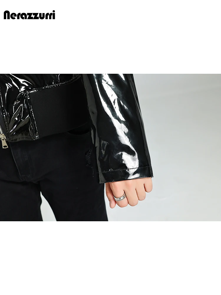 Nerazzurri Spring Autumn Cool Soft Light Black Shiny Reflective Patent Pu Leather Jacket Men with Zipper Y2K Streetwear 2023