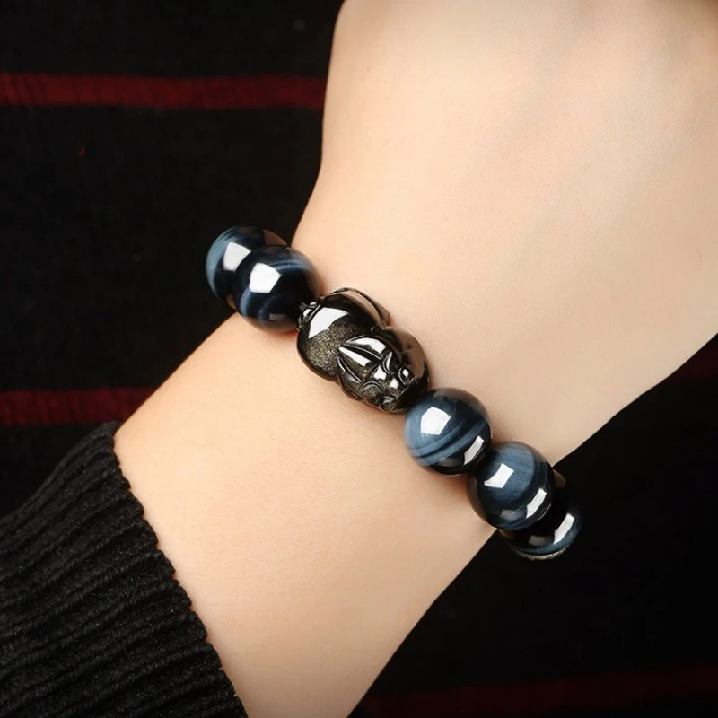 Blue Tiger Eye Stone Fortune Pixiu Zodiac Buddha Beads Unisex Six-Character Mantra Bracelet