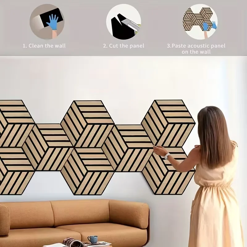 Polyester Fiber Soundproof Board Wood Grain Hexagonal Self adhesive Soundproof Wall Decoration Bedroom Background Wall