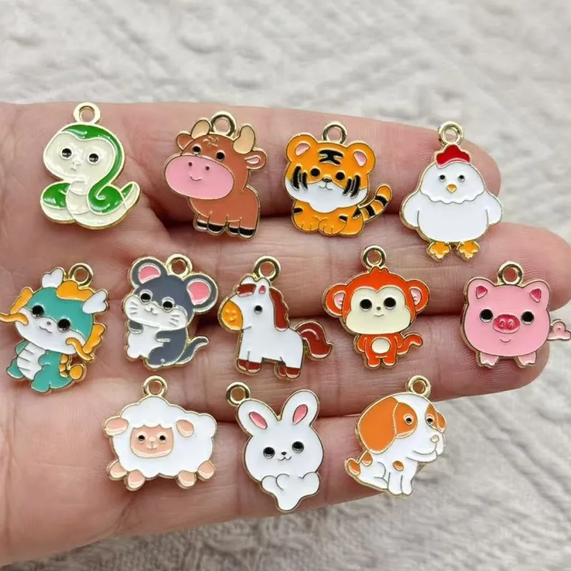 10/12pcs Cute Alloy Enamel Animal Charms Puppy Dog Pig Pony Horse Cow Bracelet Pendant DIY Earring Jewelry Charm Accessory