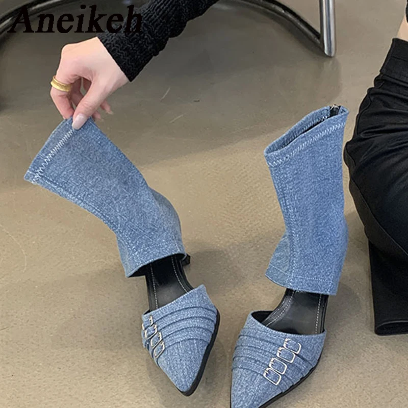 Aneikeh Women Thin Heel Sewing Mid Calf Modern Boots 2025 Denim Pointed Narrow Band Buckle Decorative Hollow Out Sandals Boots