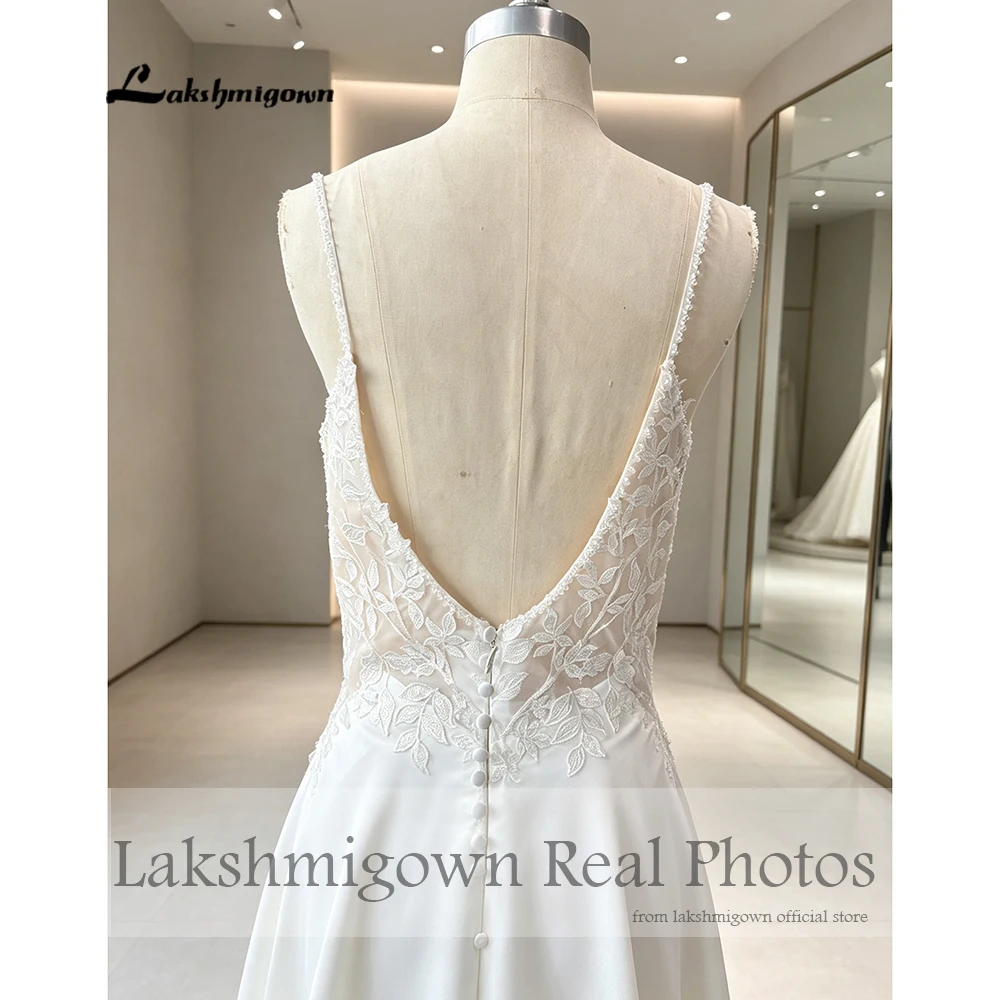 Lakshmigown Sexy V-Ausschnitt Spaghettiträger Meerjungfrauen-Hochzeitskleider Echte Fotos Spitzenapplikationen Weicher Satin Brautkleider Nach Maß – Detail 8