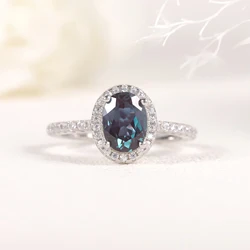 GEM'S BALLET Oval 6X8mm Halo Lab Alexandrite Engagement Ring 925 Sterling Silver Anniversary Wedding Ring June birthstone