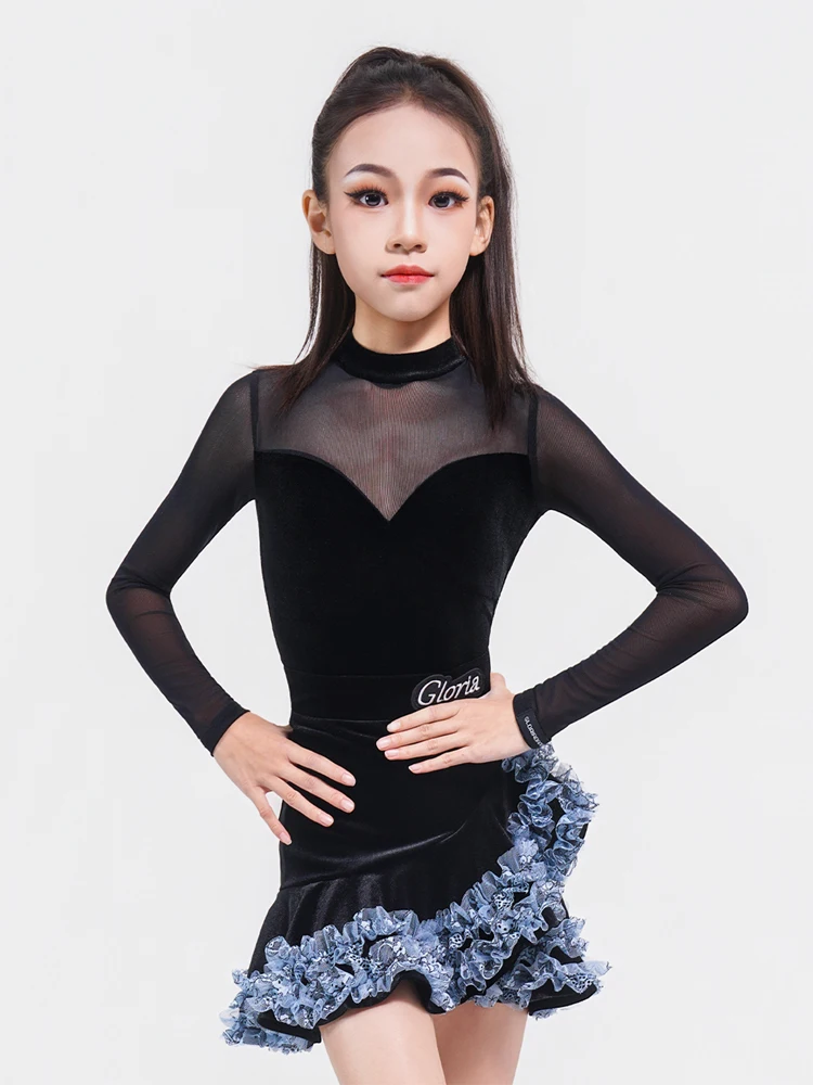 2025 trajes de desempenho de dança latina para grils saias divididas de manga comprida terno de veludo chacha rumba roupas de dança latina xh3881