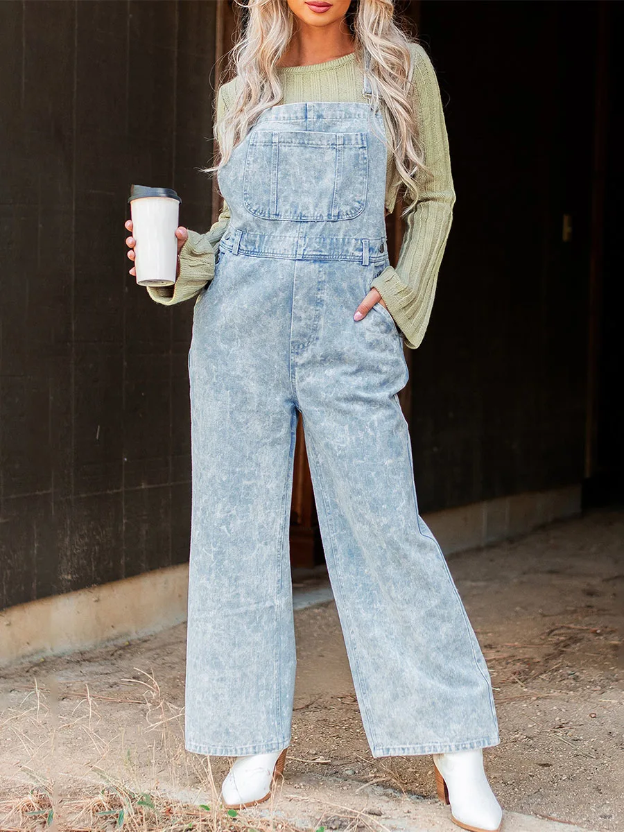 

2024 Fashion Women's Denim Jumpsuit Fashion Solid Loose Bib Overalls Wide Leg Jumpsuit Casual Cargo Pants with Pockets Romper