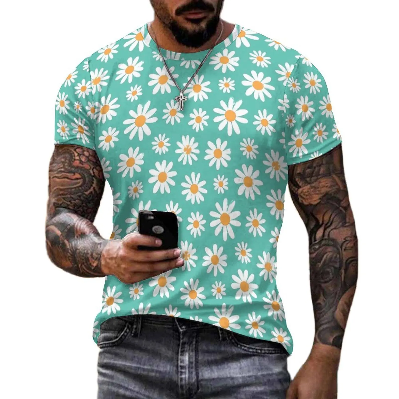 White Retro Flower T-Shirt Daisies Floral Streetwear T Shirts O Neck Fashion Tee Shirt Original Couple Graphic Tops Plus Size