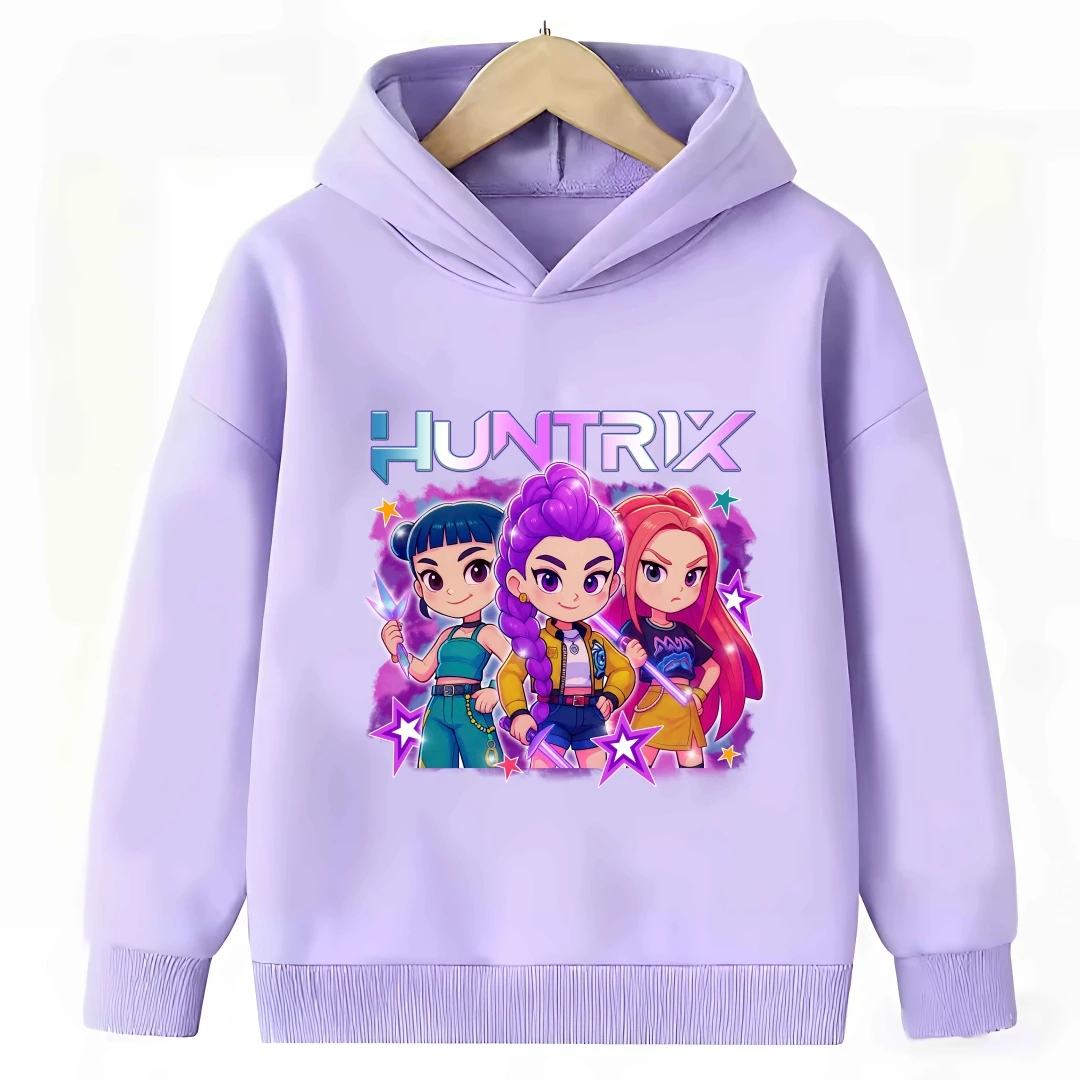 Girls Purple Hooded Sweatshirt Warm Cartoon Children's Wave Fashion Casual Tops Cute KPop Demon Hunter Rumi Casual Pink Clothes
