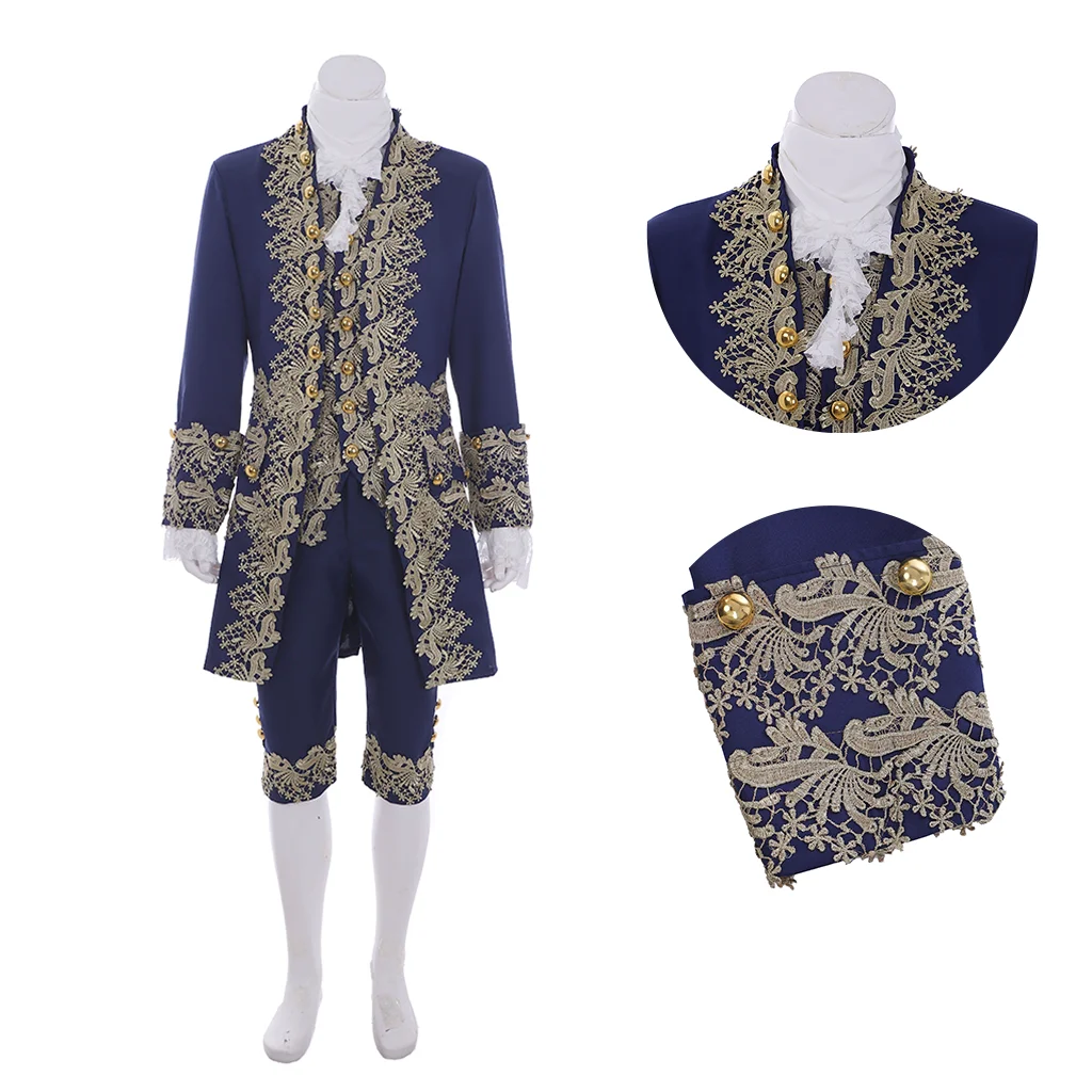 18th Century Victorian Tudor Era Antonio Blue Vintage Leaf Lace Gentleman Suit Prince Uniform Men's Ball Gown