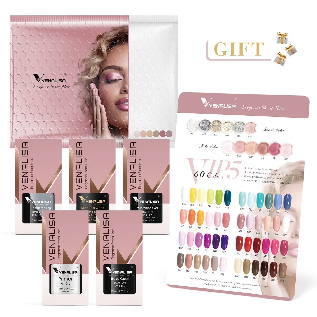 VIP5 VENALISA Gel-Nagellack-Set, Hema Free Nude Pink Glitter, wunderschöne Farbe, Nagelmaniküre, Soak Off UV-LED-Nagelgel-Lack-Set – Detail 6