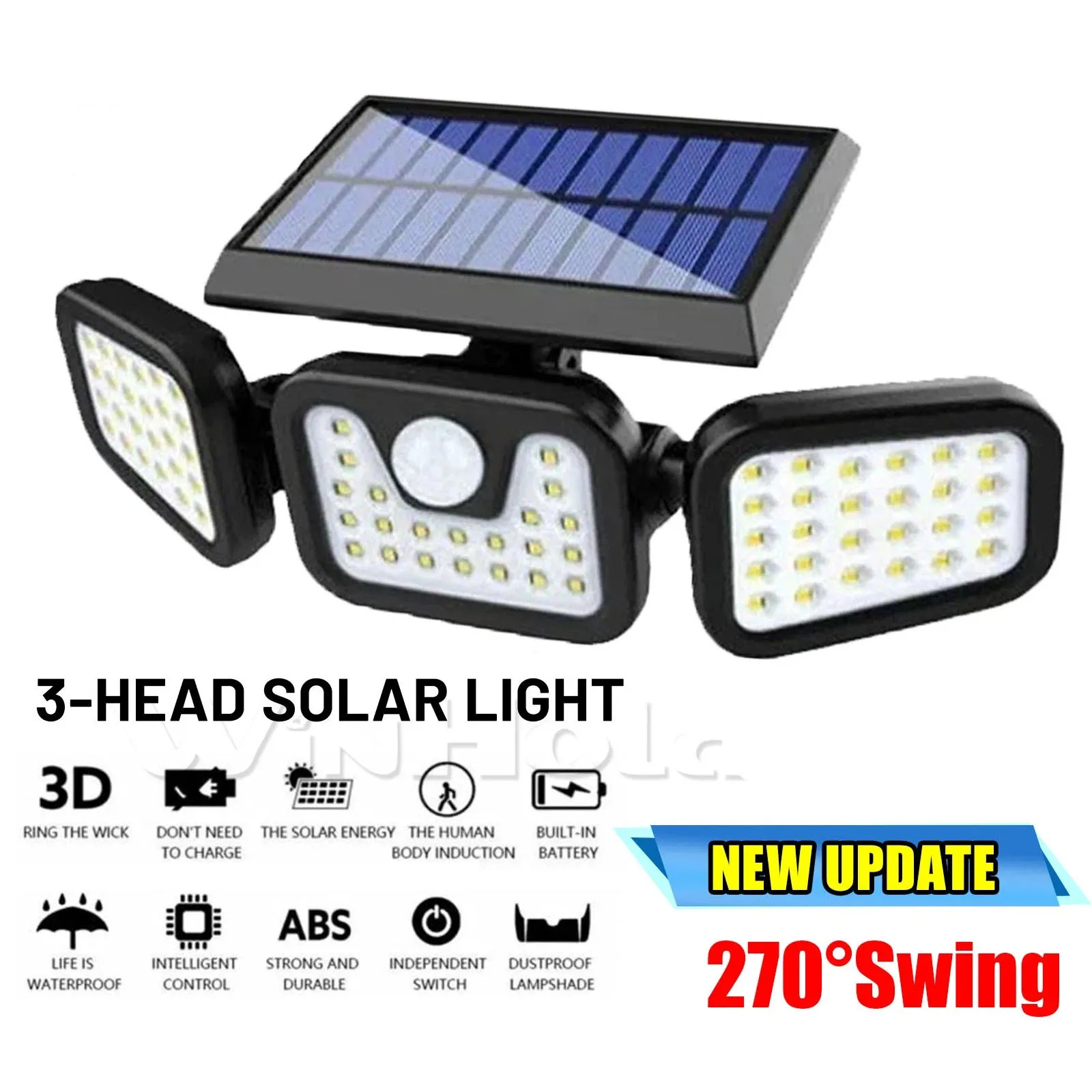 74LED Solar Light 3Head Motion Sensor Wall Lamp Adjustable Brightness Outdoor Garden Lighting for Front Door Garage Yard Pathway