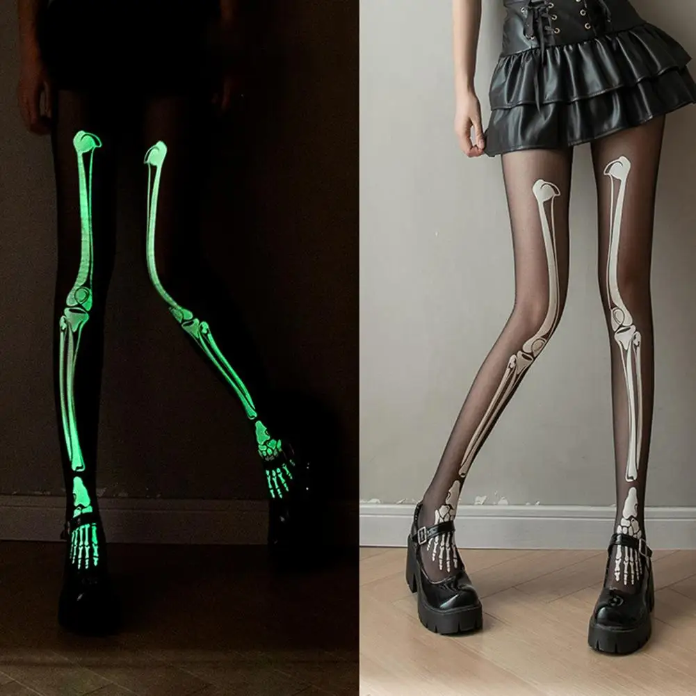 Glow Dark Stockings Glow-in-the-dark Skeleton Women Pantyhose with Anti-slip Skull Thighs for Halloween Cosplay Performance