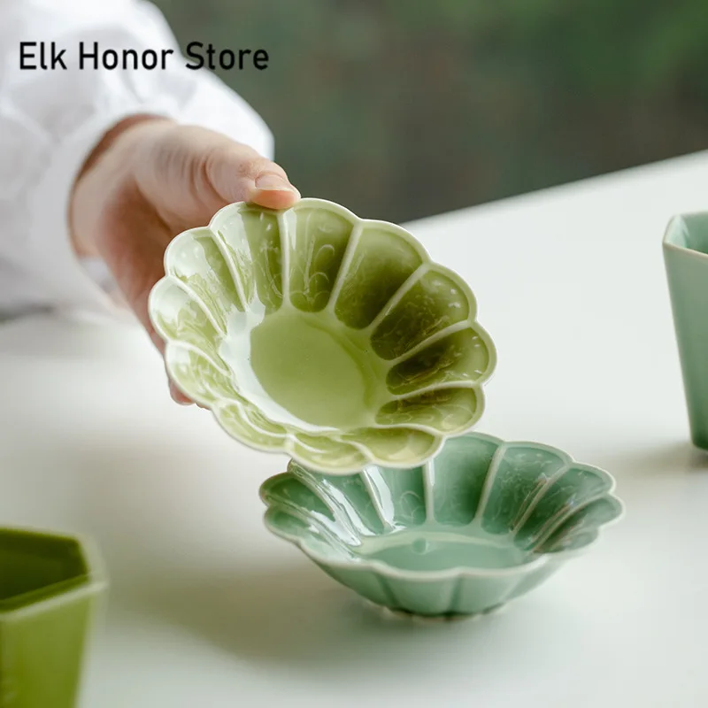 70ml Boutique Yue Kiln Celadon Ceramic Teacup Relief Taihu Stone Master Cup Household Smelling Personal Cup with Coaster Set