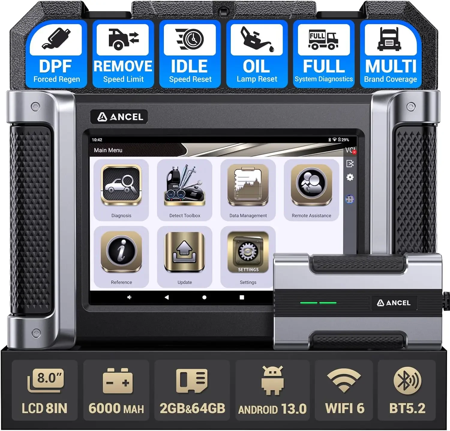 ANCEL HD8000 Heavy Duty Truck Scanner, Diesel Diagnostic Scan Tool with DPF Regen, Speed Limit & Idle Adjustment, Oil Service Reset, Full-System Diagnostics, Lifetime Free Updates