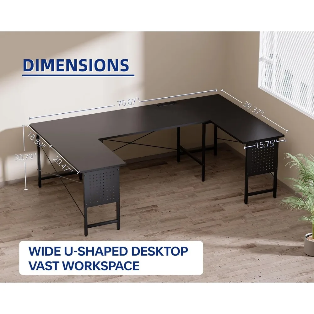 مكتب كمبيوتر زاوية كبير مقاس 71 بوصة على شكل حرف U مع منافذ طاقة للمكتب المنزلي والألعاب باللون الأبيض #6