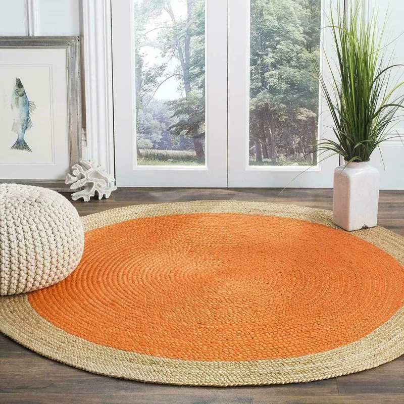 

Reversible Natural Handmade Round Orange Carpet Living Rustic Look Area Rug Mat