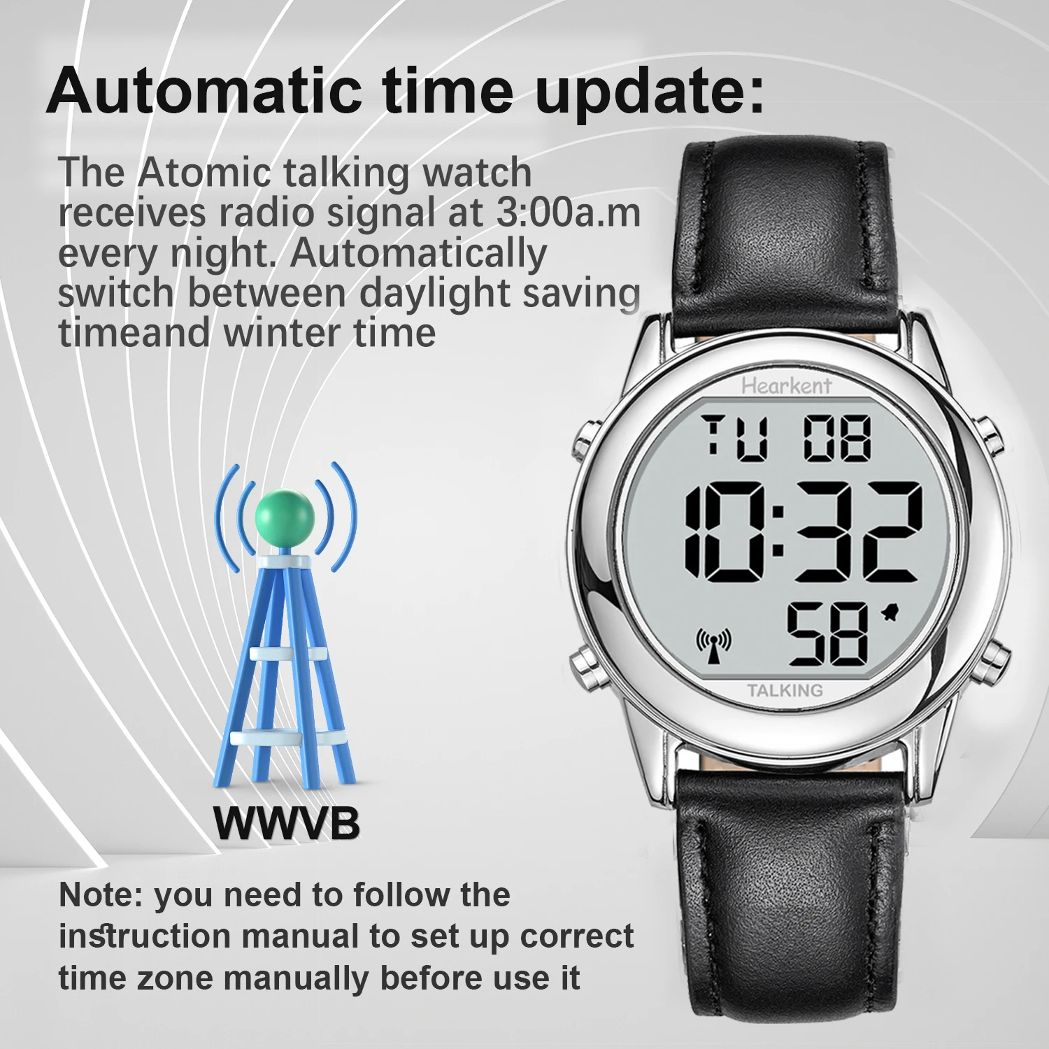 Hearkent Talking Watches for Blind Elderly Men\'s Clock Talking Time with Atomic Alarm Radio Wrist Watches Spanish/German/English