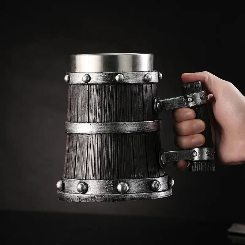 Taza de cerveza estilo madera vikinga de 600ml, taza de café de acero inoxidable de resina 3D, copa de vino, jarra de cerveza de doble pared de Metal, herramienta de barra térmica