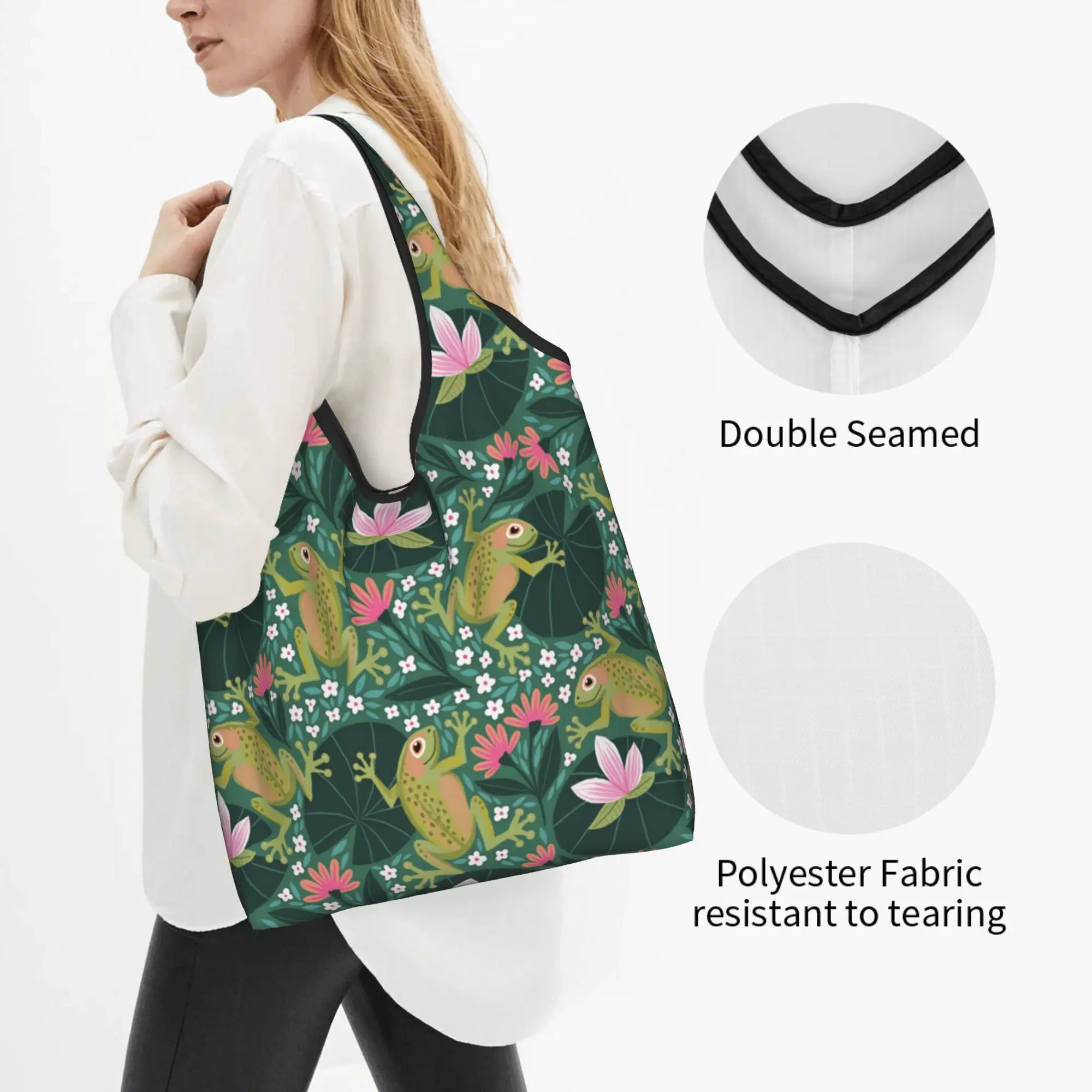 Kawaii Print Happy Frog Animal Lover  Tote Shopping Bag Portable Shopper Shoulder  Handbag