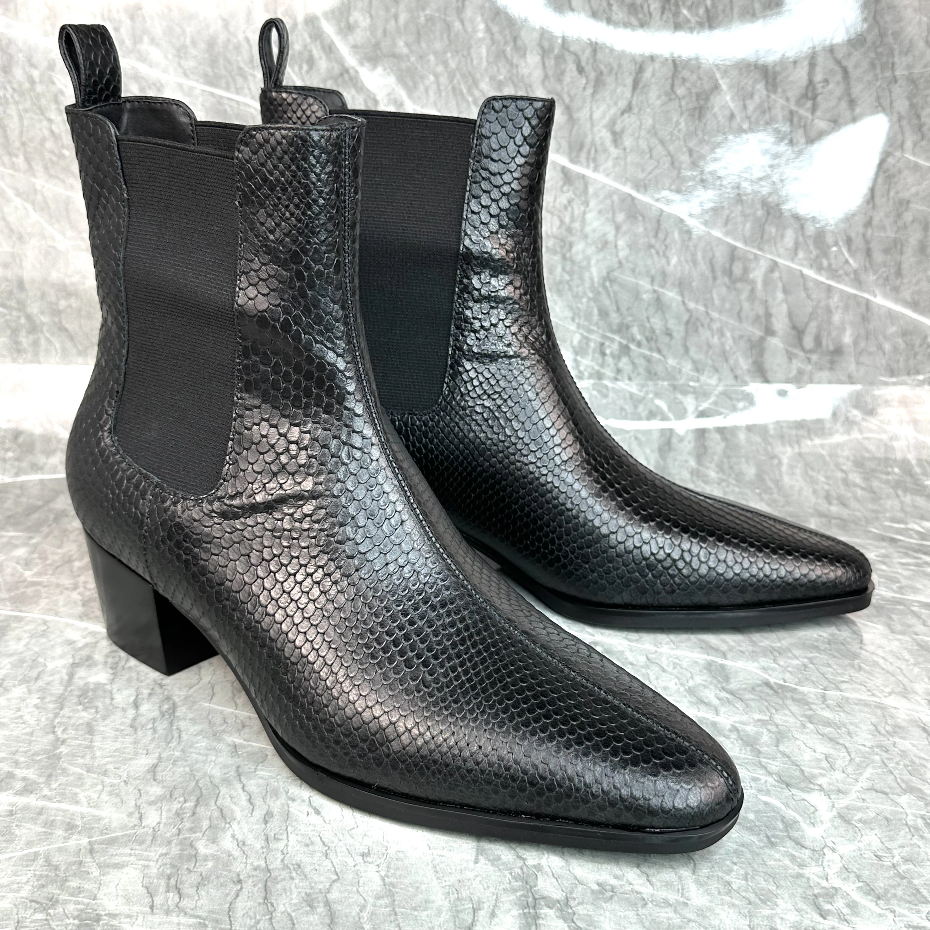 Snakeskin Western Style Chelsea Boots Men Pointed Toe Handmade Vintage Shoes Men Genuine Leather Short Boots Fashion Men\'s Shoes