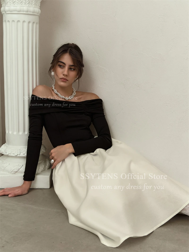 SSYTENS Modern Black/White A Line Evening Dresses Long Sleeves Party Dresses Special Occasion Tea-Length Prom Dresses Customized