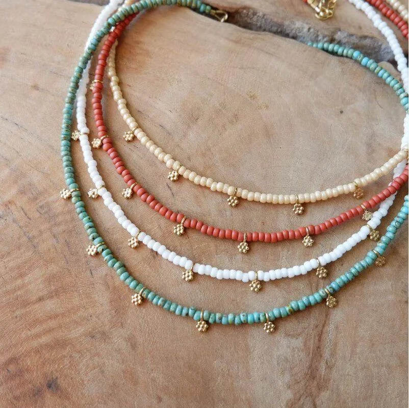 Boho Color Seed Bead Choker Necklace Flush with Neck Flowers Beautiful Beaded Choker Neck Level Birthday Gifts for Her