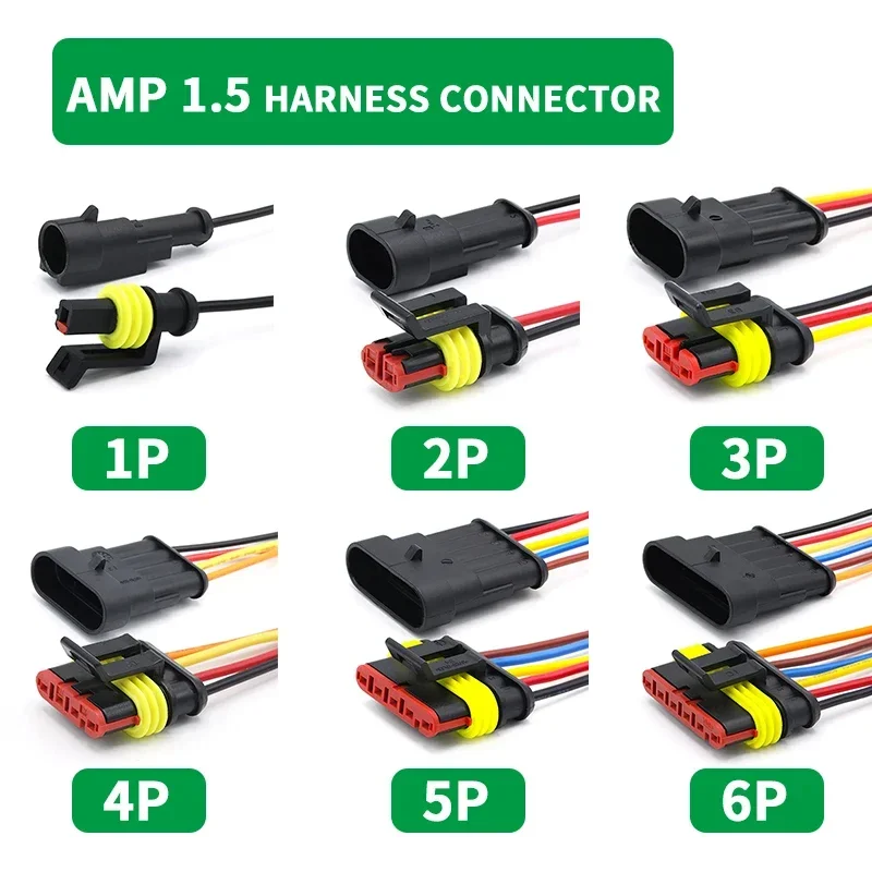 AMP1.5 Series 1/2/3/4/5/6 Pin Way Sealed Waterproof Electrical Wire Connector Plug Set auto connectors with 15cm cable