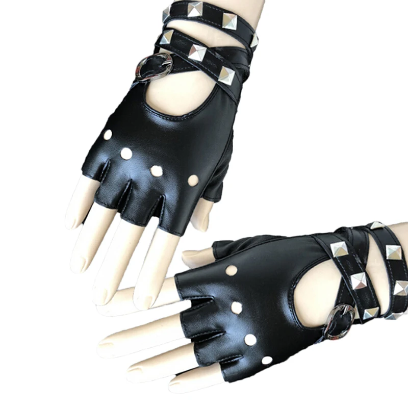 1Pair Womens Punk Rivets Belt Wrist Gloves Leather Half Finger Gloves Belt Up Half Finger Short Gloves Biker Driving Accessories