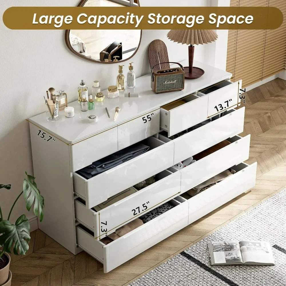 10 Drawer Dresser, White Dresser, High Gloss Modern Dresser & Chest of Drawers, 55