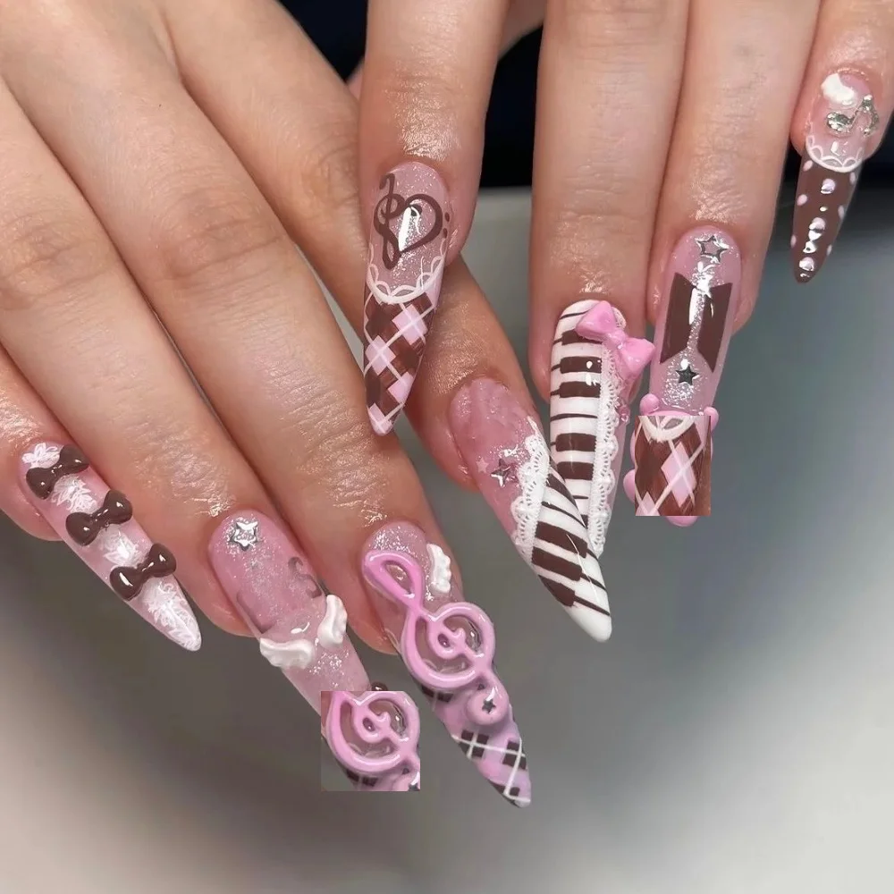 Y2K Japanese Kawaii Handmade Press On Nails 3D Cute Animal Bow Dot Pink White Design Long Almond False Nails Art Accessories
