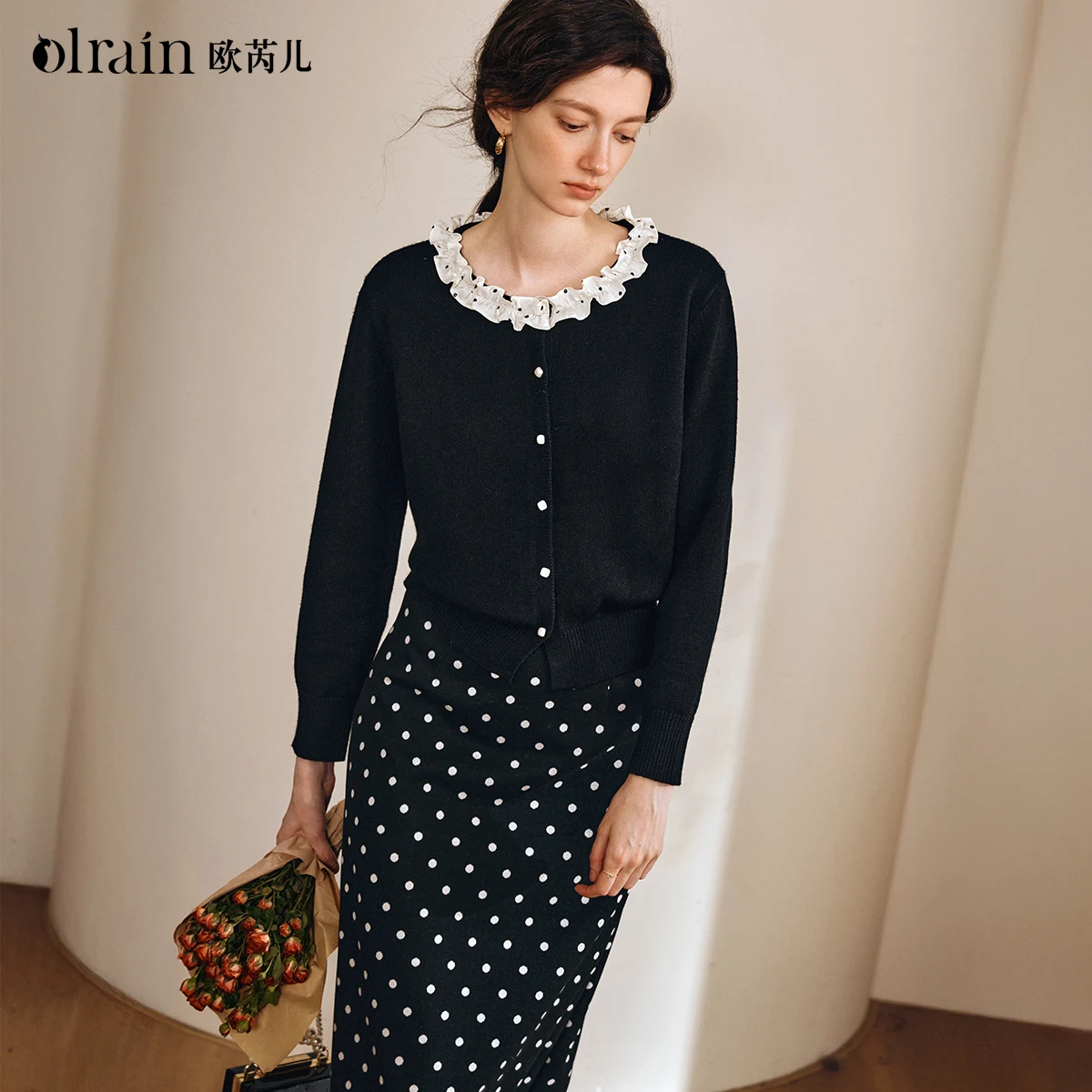 

OLrain Women Knitted Cardigans 2025 New Autumn French Ruffle Collar Sweater Cardigan Single Breasted Female Tops O57QZ001680