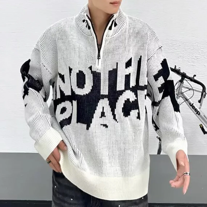 

Свитер с воротником-стойкой и надписью на полумолнии, мужской пуловер, трикотаж, осенний жаккардовый свитер с цветными блоками, мужской трикотаж, уличная одежда в стиле хип-хоп