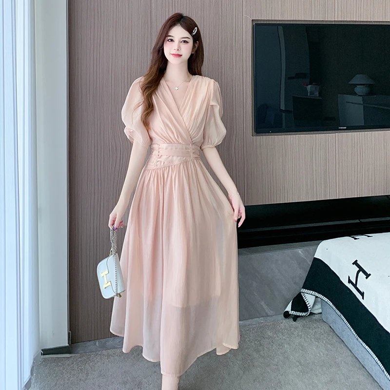 

Solid Color Chiffon Dress Women 2023 New Summer French V-neck Puff Sleeves Slim Splicing Folds Fairy A-line Long Dress Female