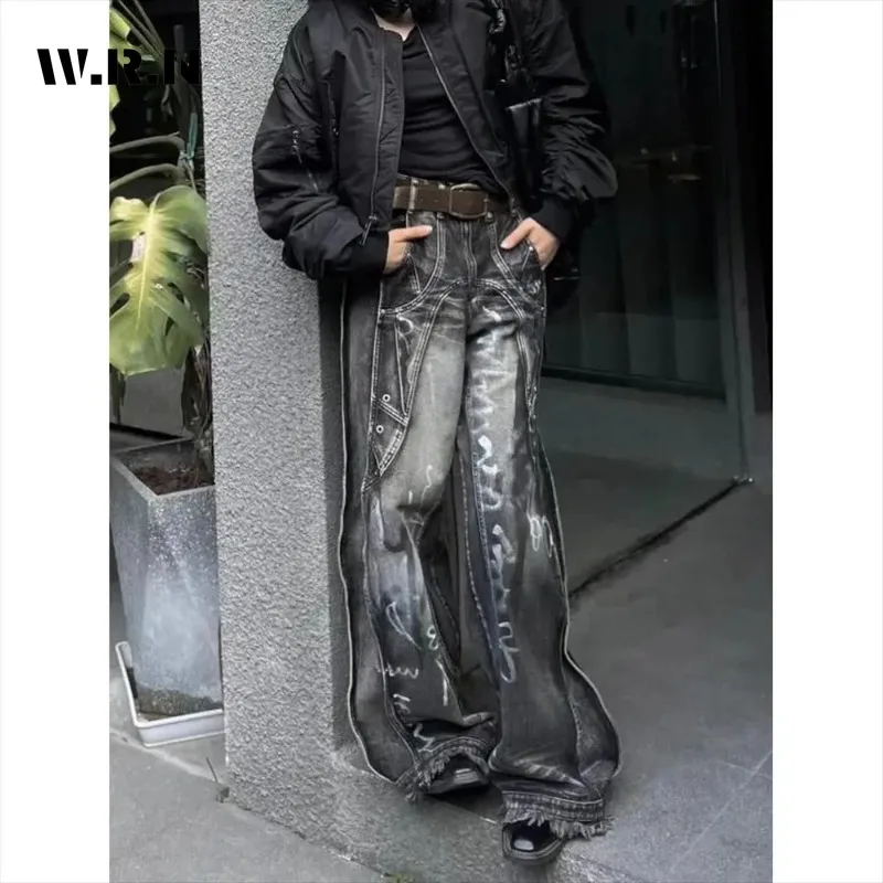 Harajuku Streetwear 2000er Emo Trashy Denim Hose 2025 Damen Y2k Graffiti Jeans Baggy Ästhetische Vintage Oversize Cowboy Hose