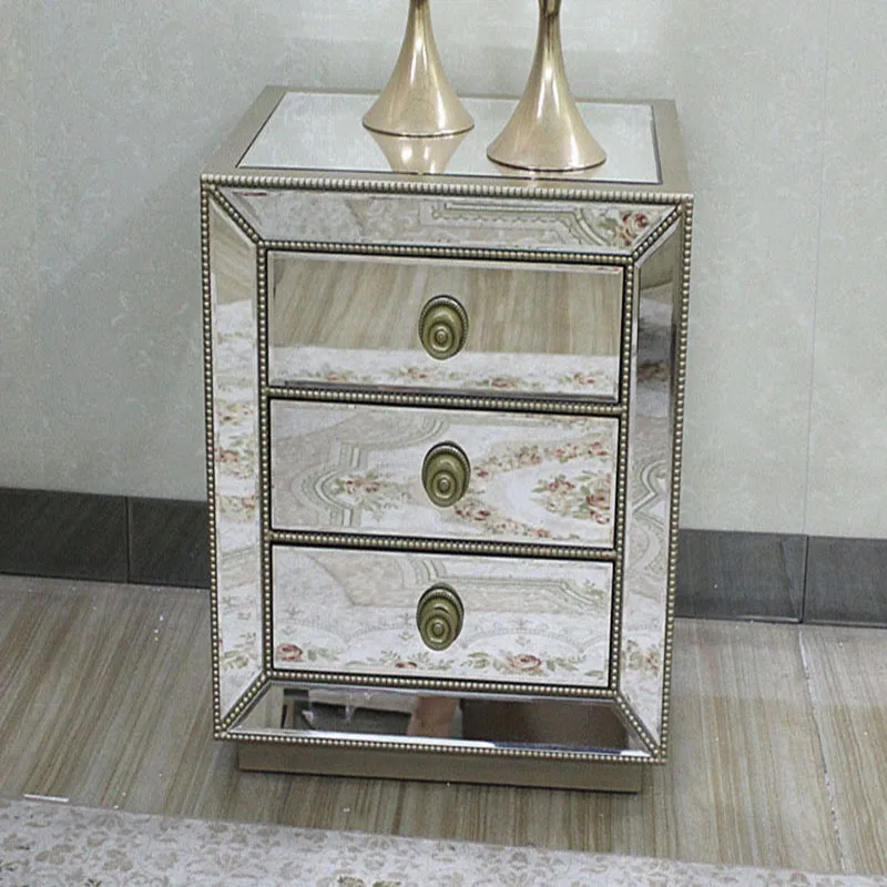 European style mirror glass solid wood silver finish bedside table for bedroom