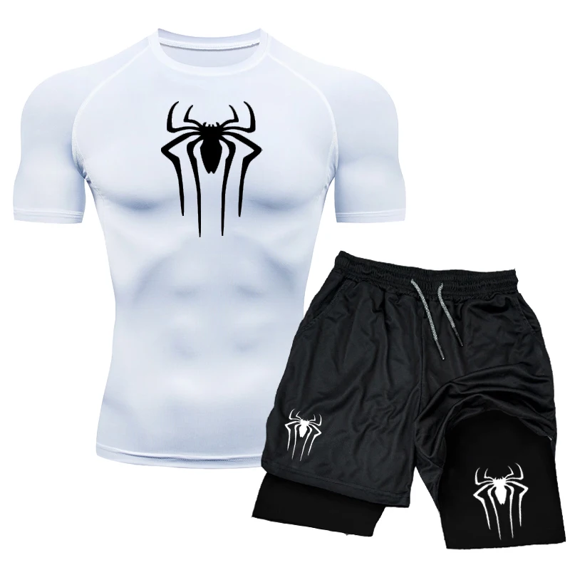 New Compression Set Spider Print Sportwear for Men Quick Dry GYM Shorts+Shirt 2PCS Quick Dry Short Sleeve Trainning Sport Suit