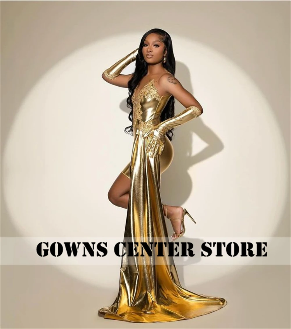 Must Buy Golden Shinny Beading Short Prom Gown With Gloves And Train Mermaid Birthday Dress vestidos de graduación Customized