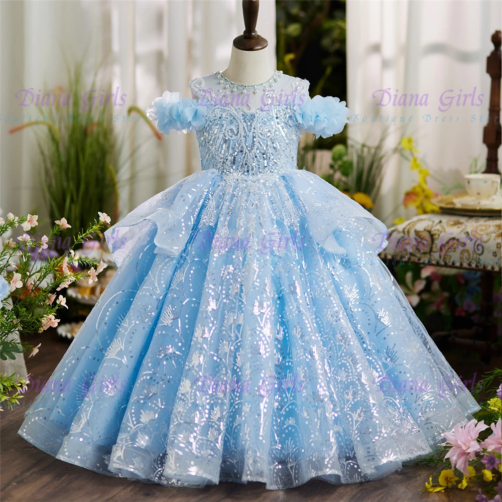 

Quality Blue Flower Girl Dress Tulle Fluffy With Exquisite Luxury Applique For Wedding Princess Birthday Party Evening Gowns