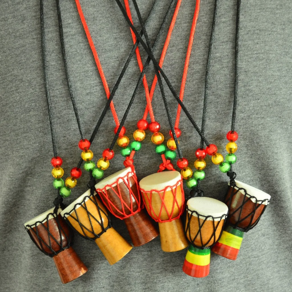 Handmade wooden and leather Instrument Necklaces Pendant Music African Drum Mini Djembe Percussion Neck Jewelry Gift