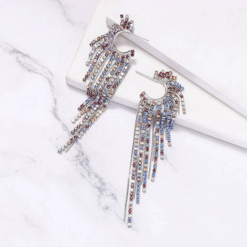 

1Pair Colorful Tassel Drop Earrings Rhinestone Dangle Women Ear Jewelry Shiny Statement Long Earrings for Wedding Party Prom
