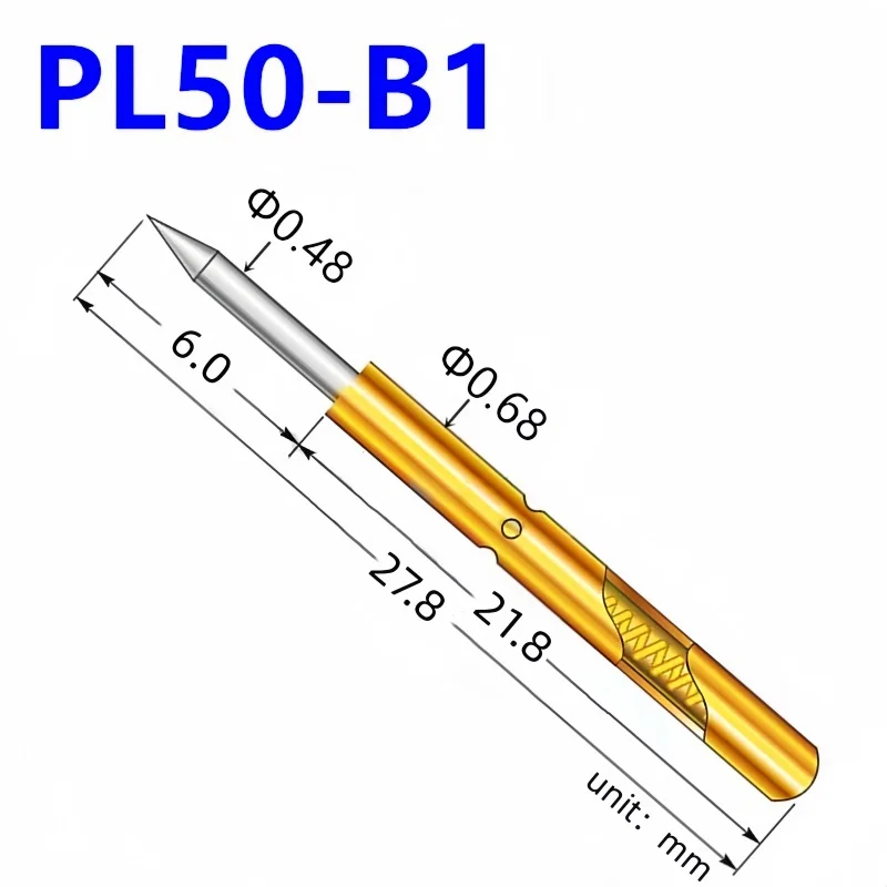 20/100PCS PL50-B1 Spring Test Probe Phosphor Bronze Nickel Plated PCB Probe Dia 0.68mm 0.48mm 27.80mm Probe Tool Test Pin PL50-B