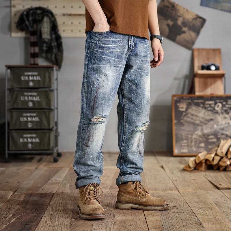 28-48Large Size Men's Jeans Broken Hole Design Distressed Retro Loose Straight Street Trend Fashion Fat Guy's Pants