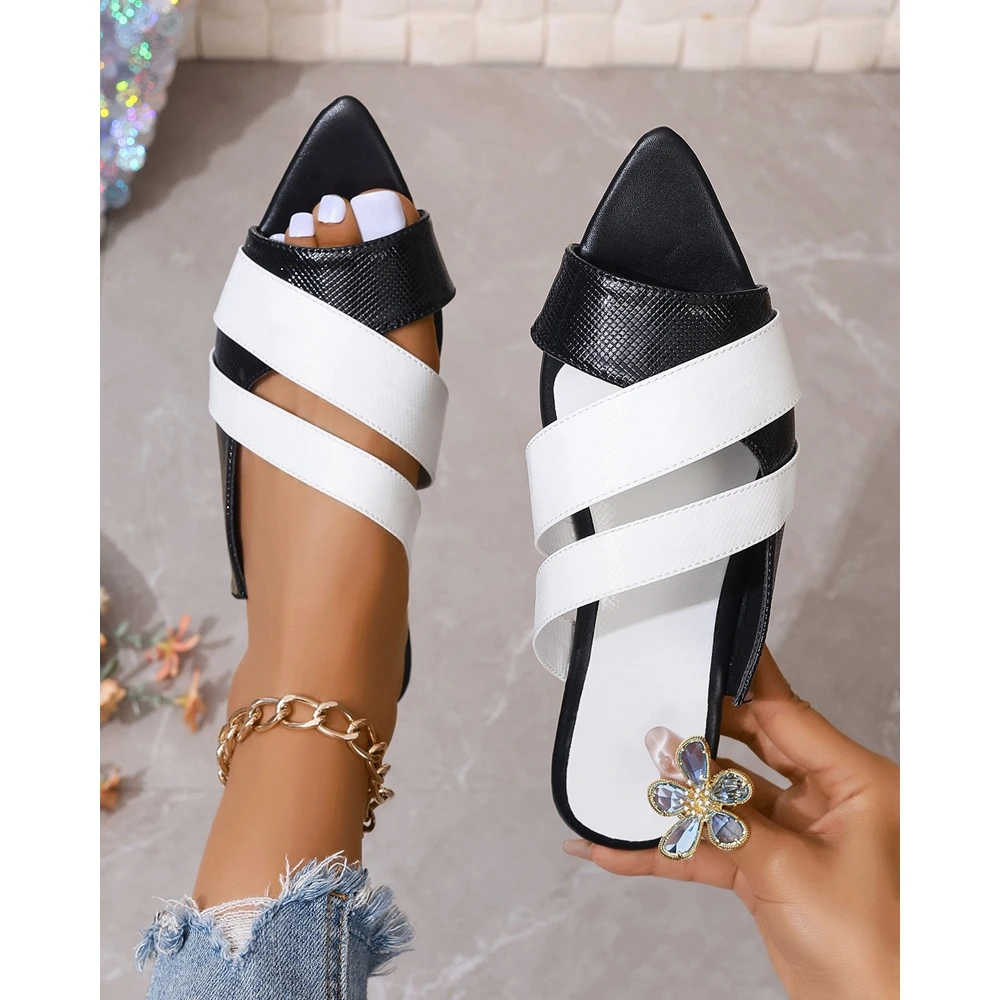 Outdoor Summer Fashion Colorblock Pointed Toe Casual Slippers Going Out Strap Sandals Shoes Beach Flats