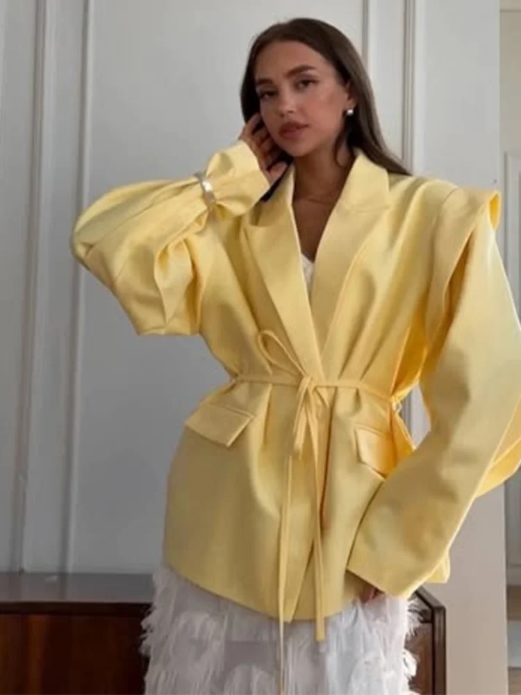 

Street Lace Up Women's Blazers Yellow Long Sleeve Lapel Single Button Suit Jackets 2025 Autumn Winter Lady Loose Casual Outwear