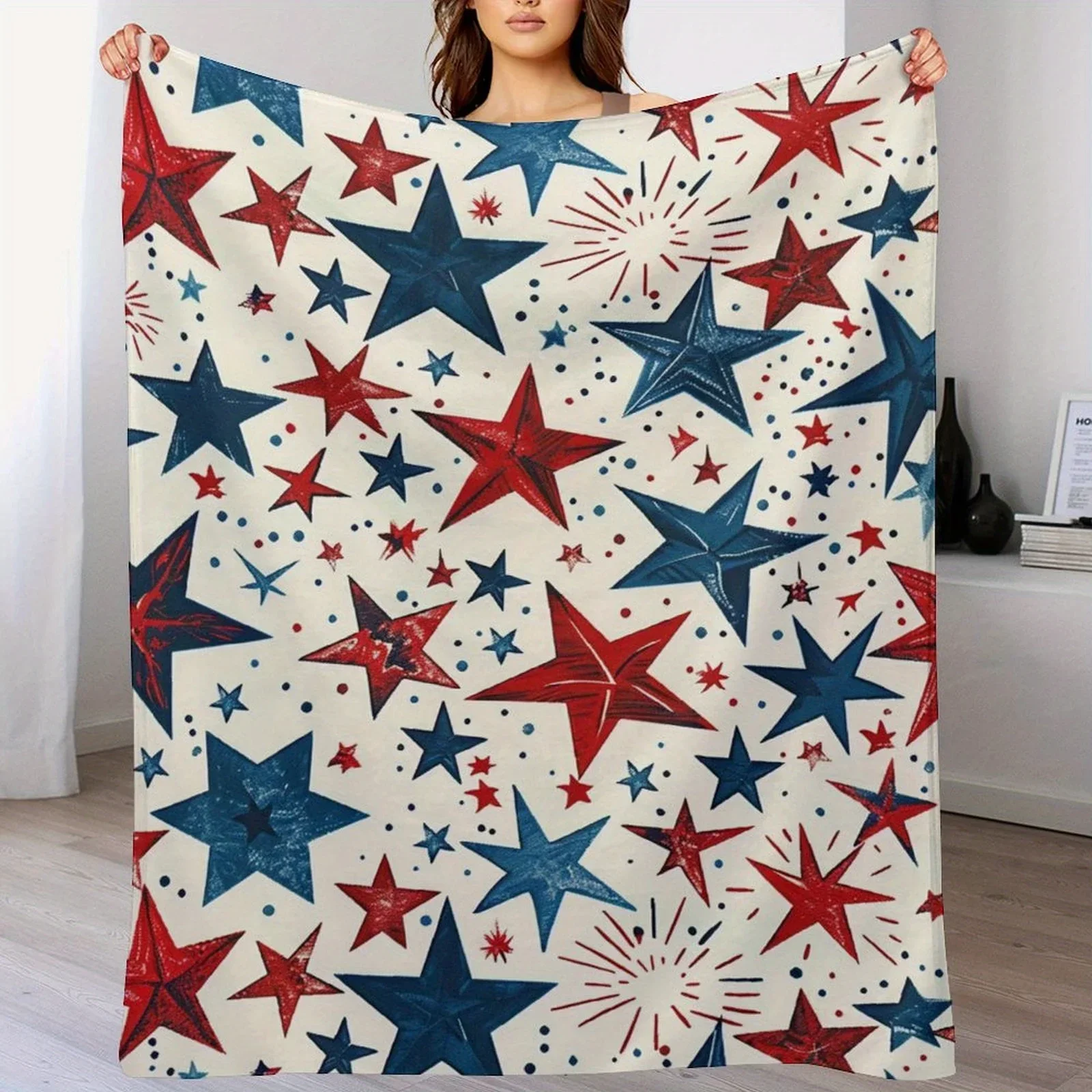 Cozy StarThemed Flannel Throw Blanket Red  Blue Stars on White Perfect for Home Office Camping Travel or Gifting