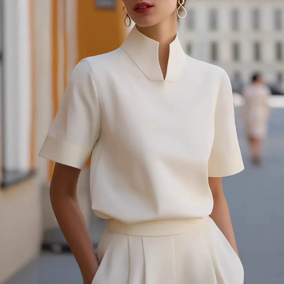 Split Neck Short Sleeve Blouse Women Elegant Stand Collar Half Sleeve Top Office Lady 2026 New Summer Solid Color Women Shirts