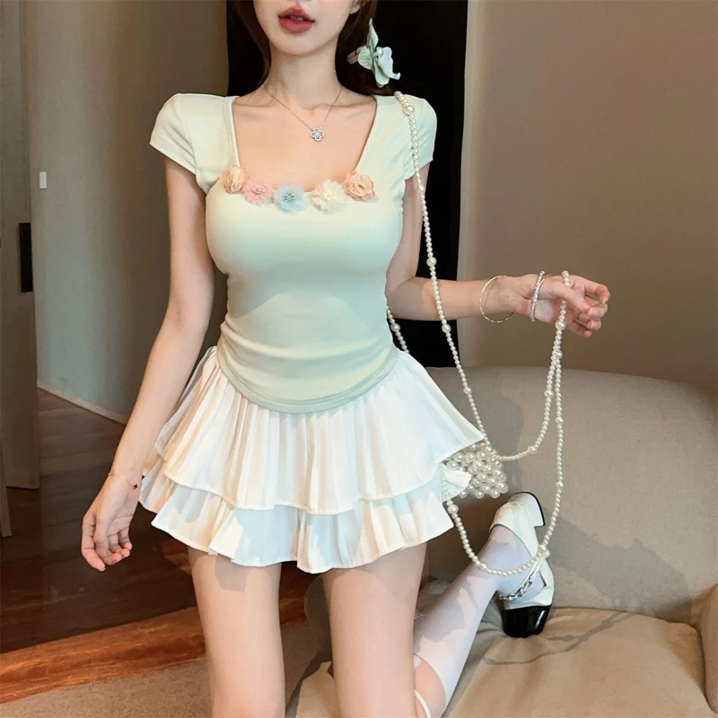 

​Summer New 3D Floral Top High Waist Pleated Skirt Pants Set Slim Fit Elegant Women's Clothing​