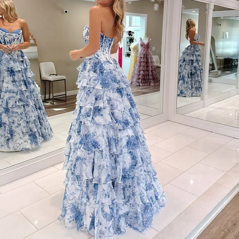 NovelTeez Women's Sexy Strapless Tiered Dress - Floral Print Party Gown with High Slit & Backless Detail