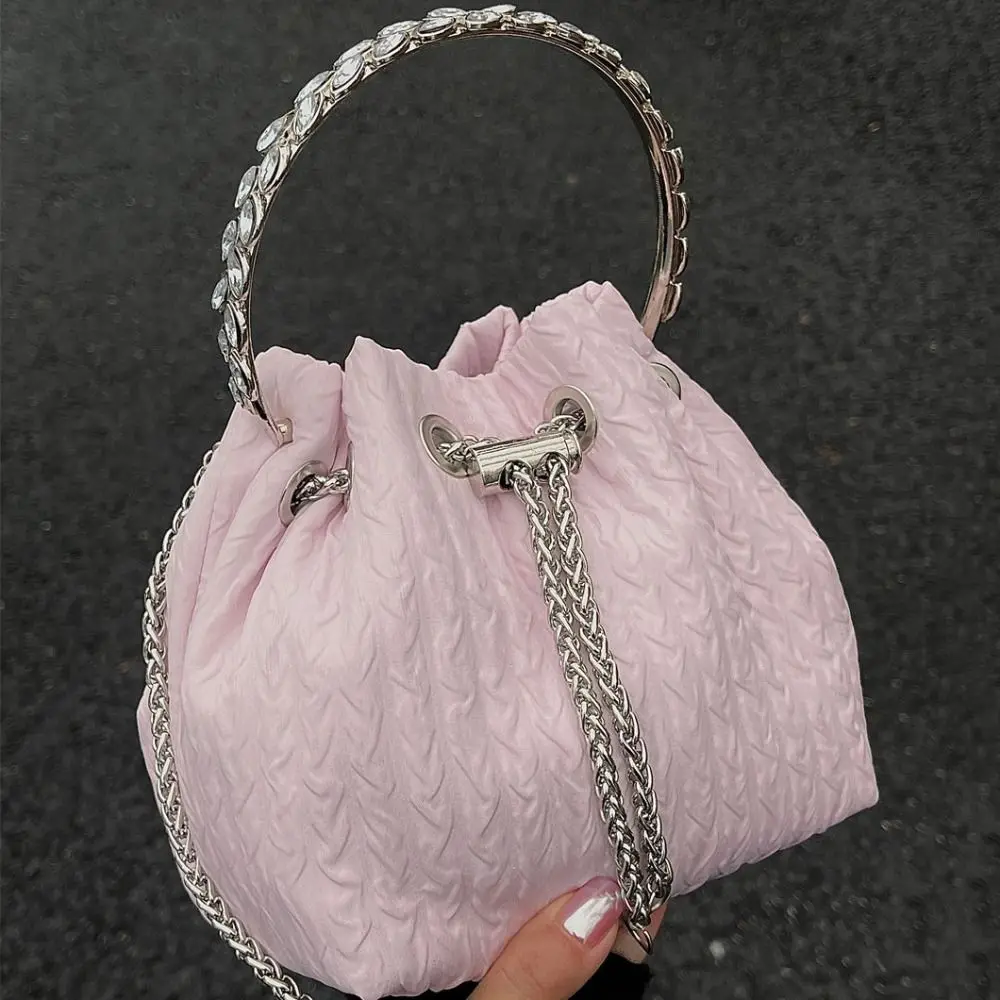 Bolso de cubo con cordón y Asa de diamante para niña, bandolera con cadena, Color sólido, Oxford, ajustable, plisado