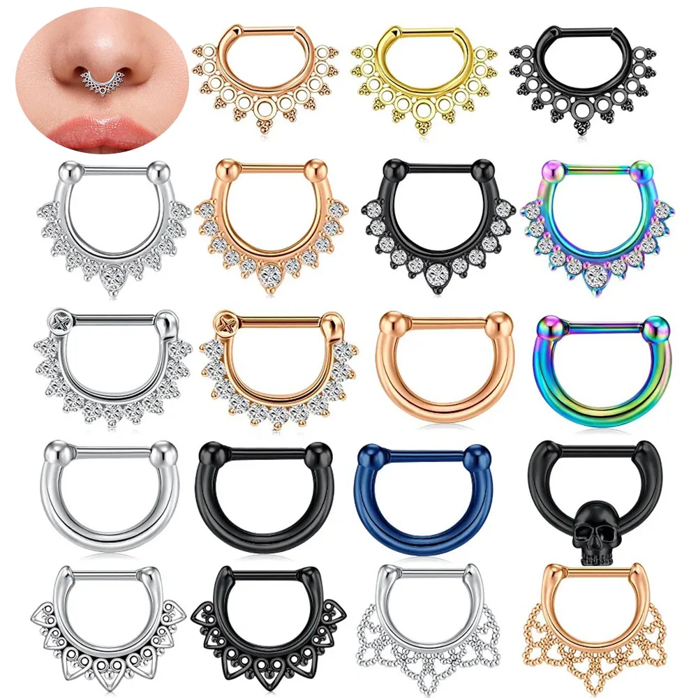 D Shaped Nose Rings Piercing Jewelry 16G 8mm Nose Ring Half Ring CZ Paved D Shape Segment Ring Clicke Cartilage Tragus Helix Lip