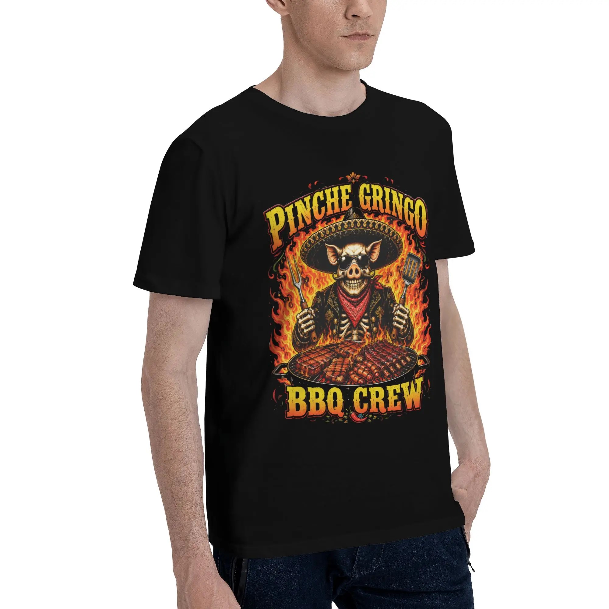 Graphic Printing Pinche Gringo BBQ Crew Skeleton Grilling Beer T Shirt For Unisex  Pure Cotton T-shirts Short Sleeve Clothes